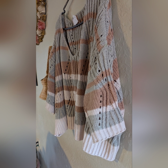 POL V-Neck Striped Sweater -Desert Sage Camel& Cream Cozy Soft Dropped Shoulder - Picture 7 of 13